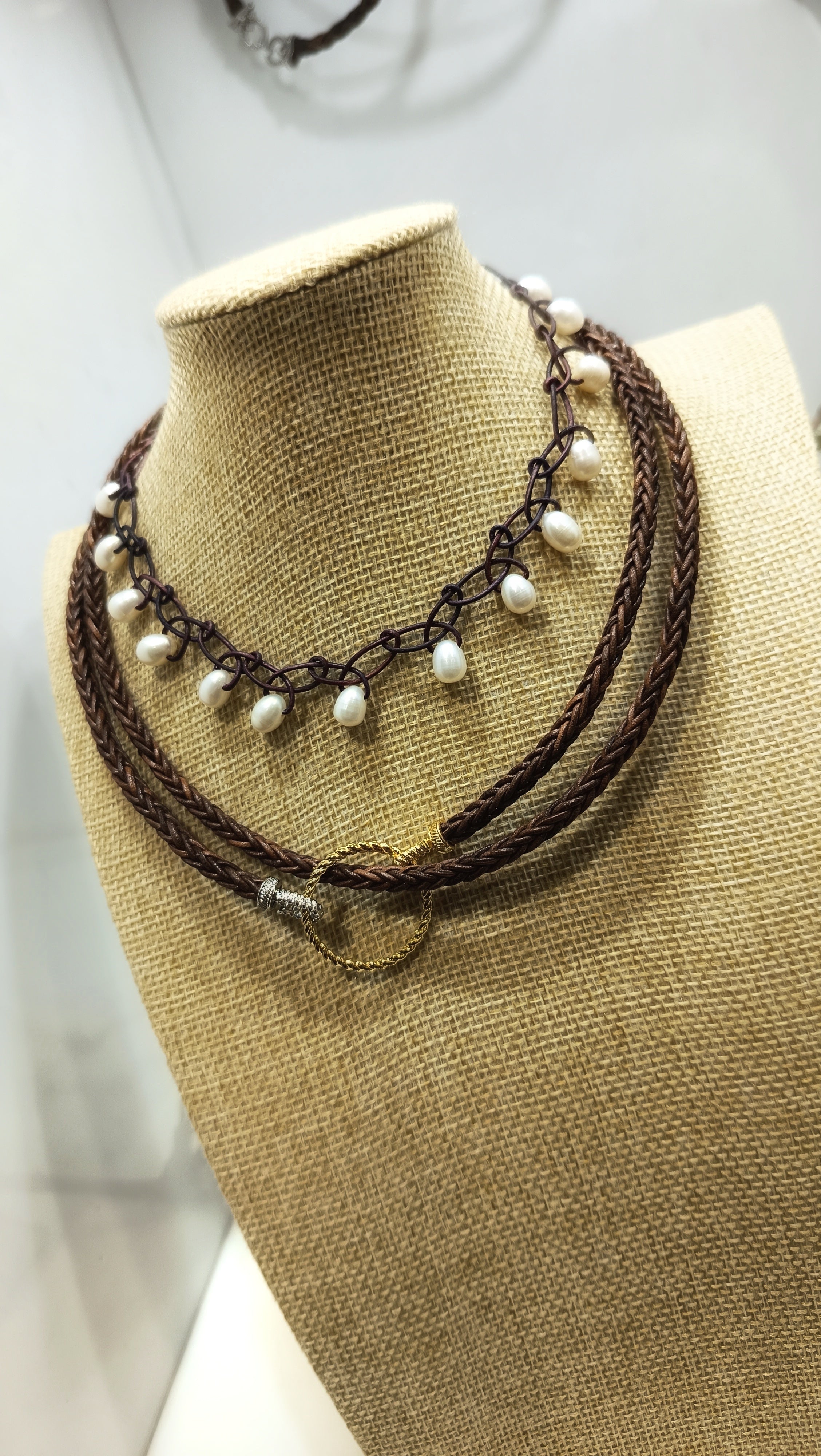 ATLAS • Collar 80cm trenzado en cuero natural•Multiposición• Marrón