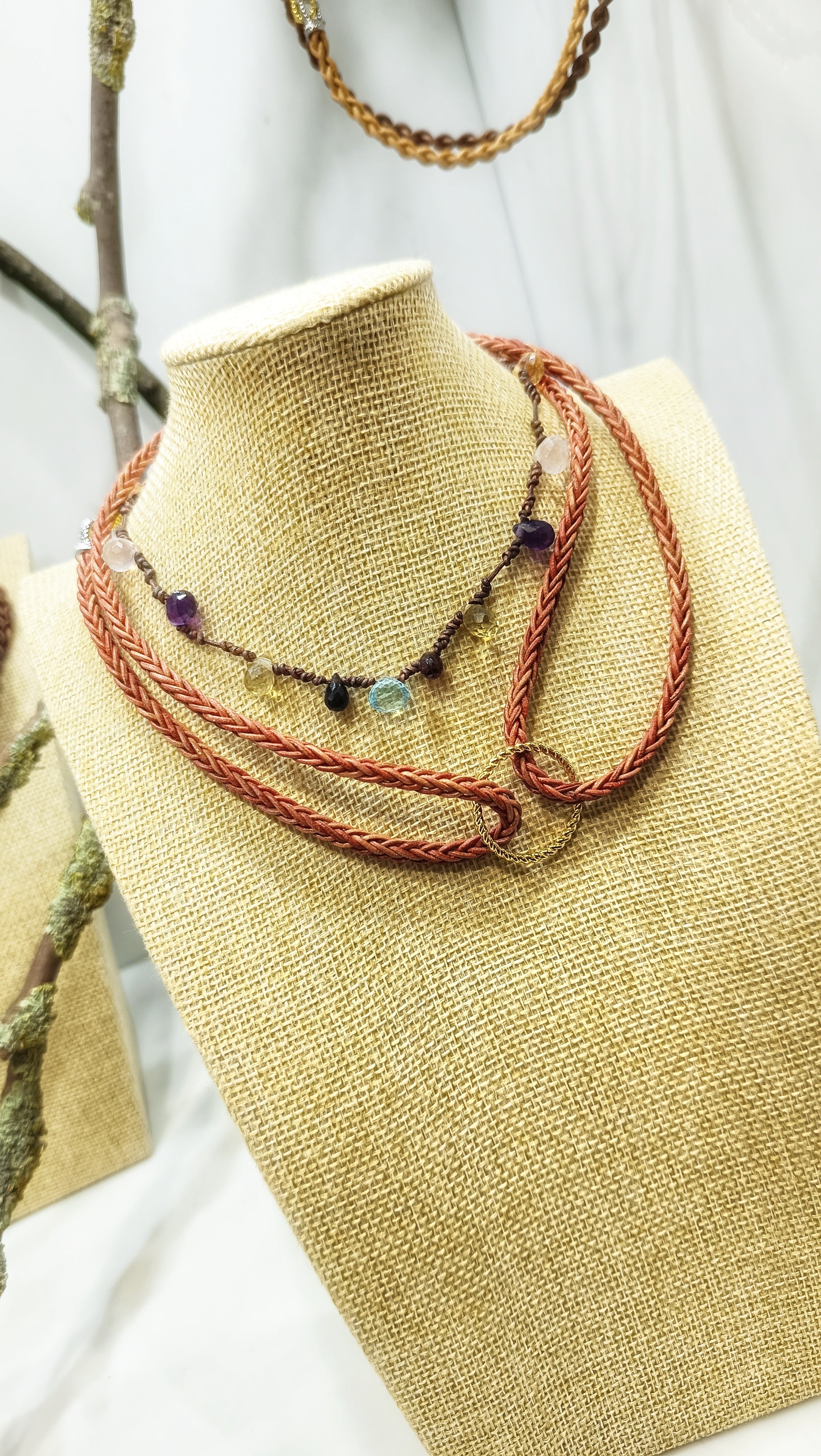 ATLAS • Collar 80cm trenzado en cuero natural•Multiposición• Marrón
